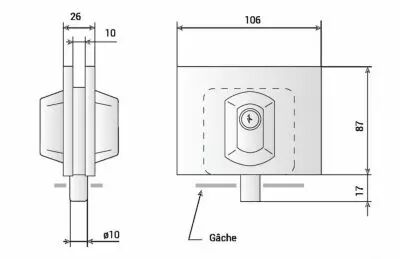 Serrure de bas de porte pour encoche 61 pour glace de 10 mm d'paisseur