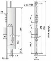 À larder têtière inox Métalux 3 points - 1 latéral + haut et bas - 38 pêne dormant et rouleau