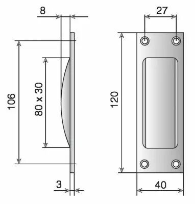 Poigne classique cuvette  encastrer - profondeur 11 mm