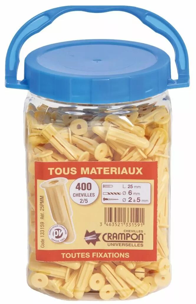 Chevilles universelles polypropylène Crampon, cheville Ø 6 x longueur 25  mm, bidon de 800 chevilles - Le Temps des Travaux