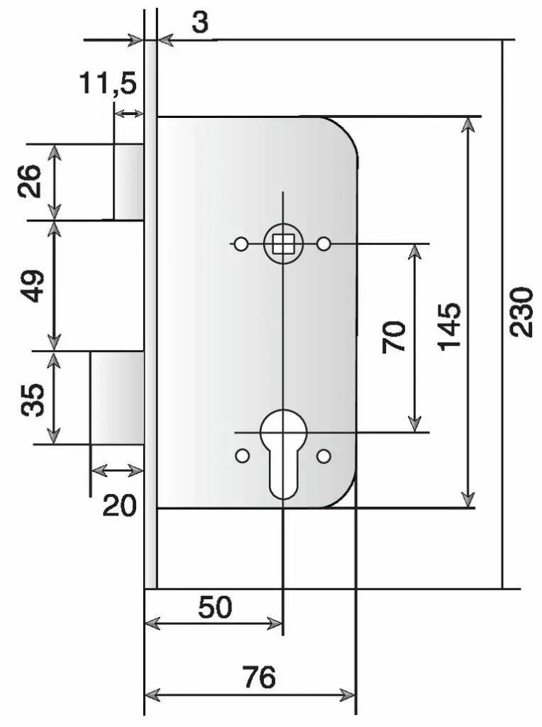 Serrure à larder à pêne magnétique coffre de 145 mm entraxe 70 axe